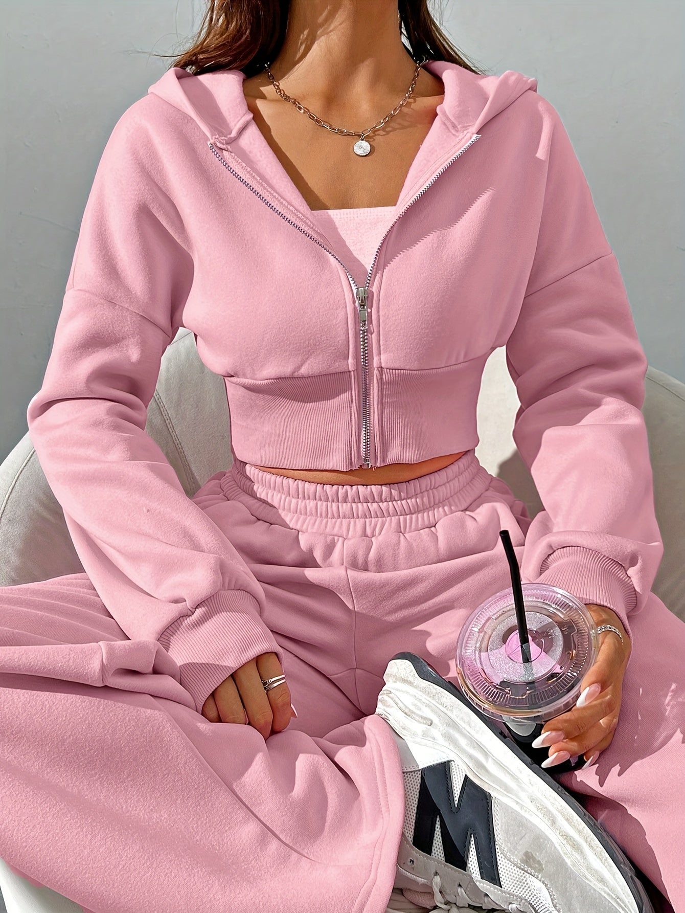 10.23 Fashionable Women's Autumn/Winter Zipper Hooded Long Sleeve Jacket + Wide Leg Trousers