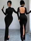 Elegant Long Sleeve Bodycon Dress - Round Neck, Backless Design, Stretch Polyester Fabric, Machine Washable - Perfect for All Seasons, Form-Fitting Maxi Dress for Women, Tight Fitted Dress