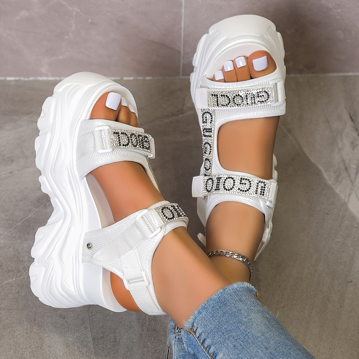 Elegant Summer 2024 Women's Black Rhinestone-Embellished High Heel Sandals - Breathable Mesh, Lightweight, Waterproof Platform with Hook-and-loop Fastener Straps, Open Toe Design for Stylish Daily Wear, Chunky Heel Sandals