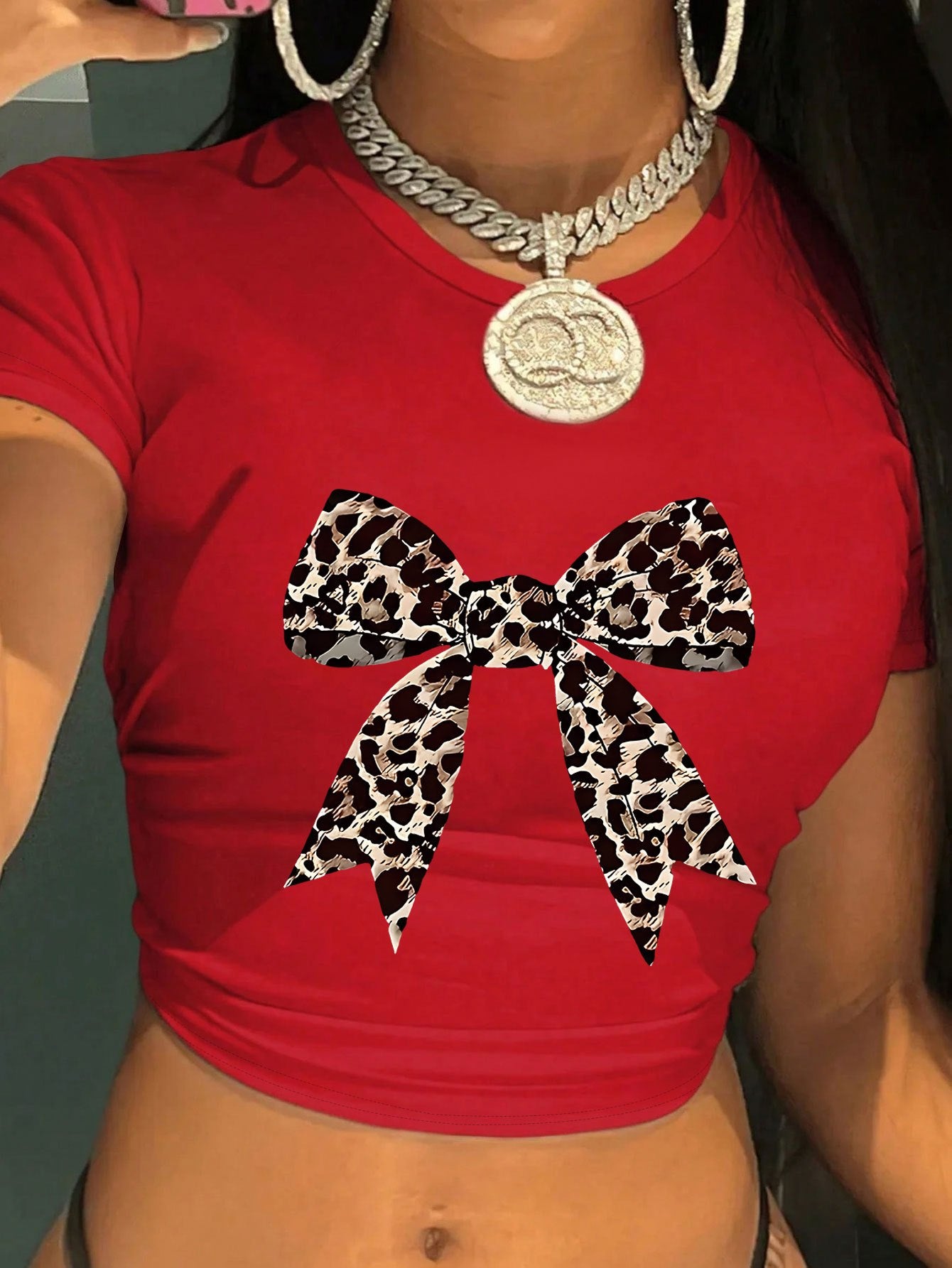 Women's Y2K Leopard Bow Print Cropped T-Shirt - Light Blue Soft Fabric, Machine Washable, Versatile Casual & Evening Wear, Style Statement Top | Elegant Design | Comfortable Fit, Leopard Print Shirt