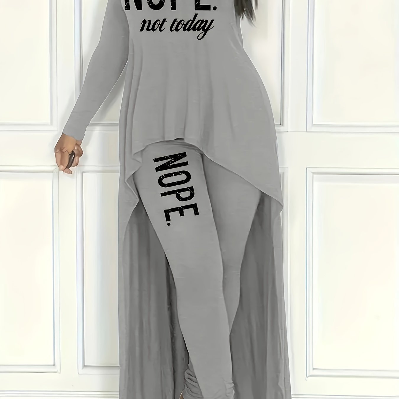 Chic Nope Casual Two-piece Outfit Set - Fashionable Letter Print Top with Trendy Dipped Hem & Slim-fit Pants - Comfortable Long Sleeve Womens Clothing for Stylish Everyday Wear