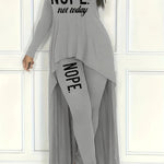 Chic Nope Casual Two-piece Outfit Set - Fashionable Letter Print Top with Trendy Dipped Hem & Slim-fit Pants - Comfortable Long Sleeve Womens Clothing for Stylish Everyday Wear