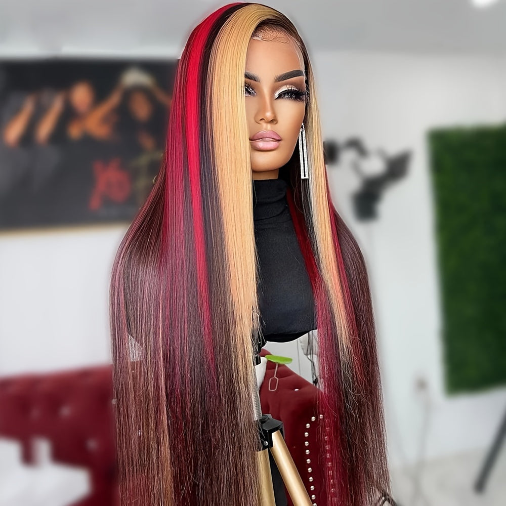 Red & Blonde Highlight Lace Front Wig for Women - Heat Resistant Synthetic Hair, 13x4 Preplucked Deep Part, 180% Density Glueless Wig for Daily & Party Use (All Ethnicities), Versatile Hairpiece | Sleek Straight Hairpiece | S
