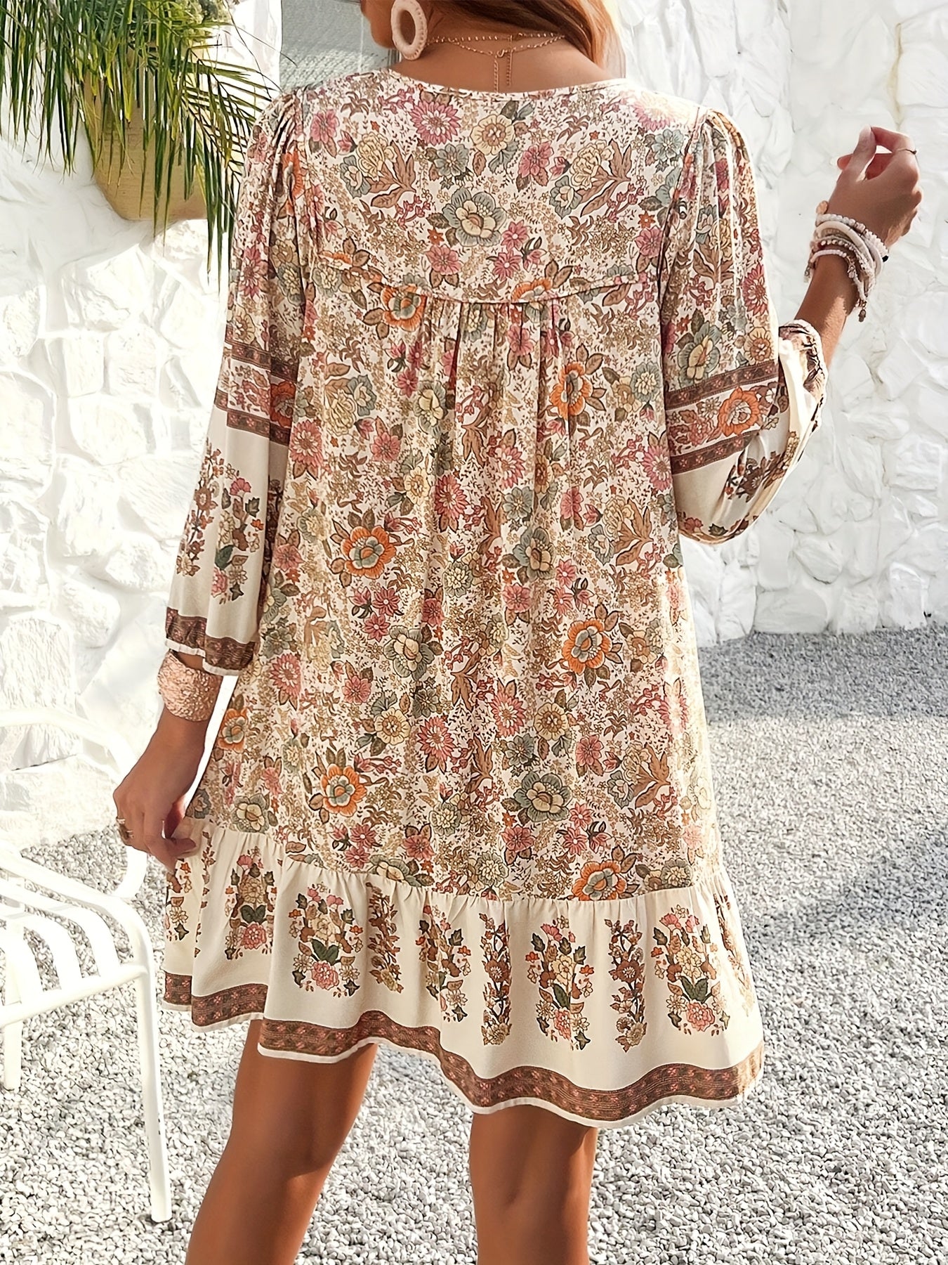 Plus Size Women'S Floral Print Tie Neck Ruffle Hem Loose Casual Spring And Summer Outing Dress
