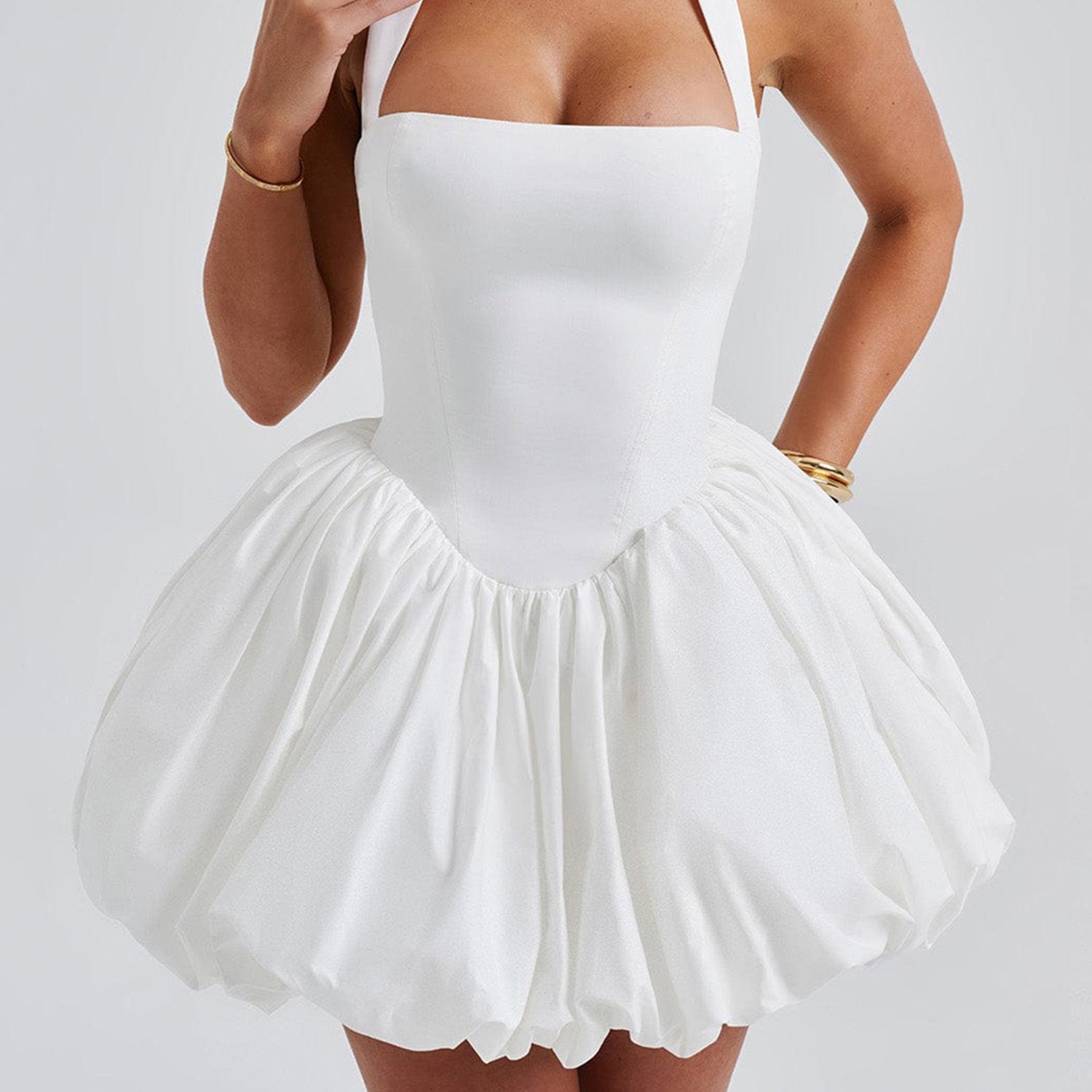 Women's Y2K Sleeveless Halter Backless Corset Dress with Adjustable Tie-Up Waist & Flared Bubble Skirt - Solid White Clubwear for Beach, Party, Streetwear - Machine Washable, Dresses for Beach