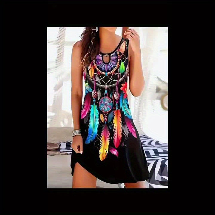 Bohemian Midi Dress for Women, Colorful Print with Dreamcatcher and Ring Accents, Sleeveless Crew Neck, Polyester Knit Fabric, Regular Fit, Spring/Summer/Fall Collection