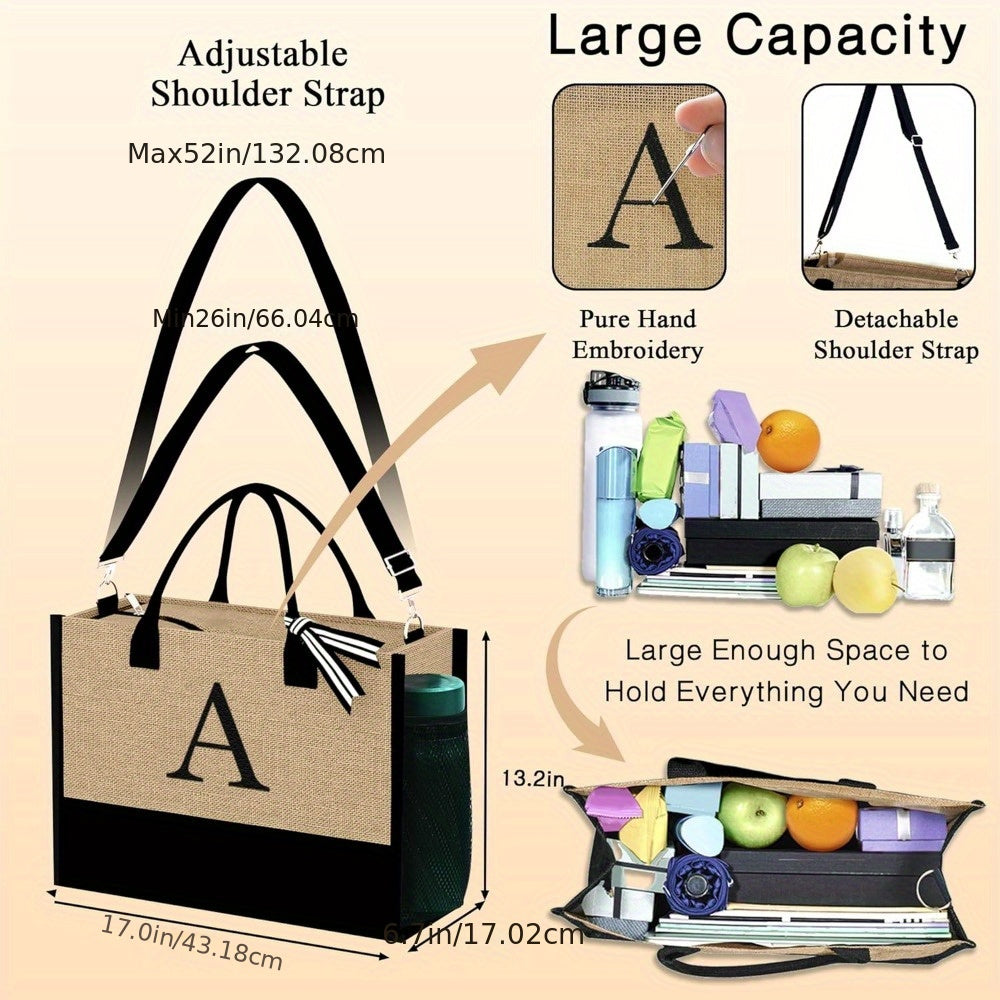 Initial Jute Tote Bag & 2 Makeup Bags - Best Birthday Gifts for Her, Women Friends