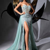 QOQ Women'S Bandeau Beaded Mesh Stitched Dress Mint Green Back Lace Zipper Hip High Slit Ladies Bridesmaid Dress Prom Dress