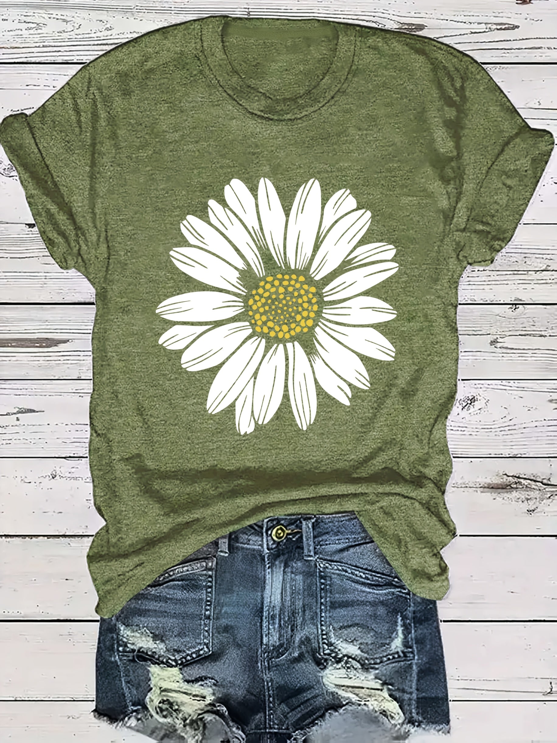 Women's Casual Daisy Flower Print T-Shirt - Soft Polyester Crew Neck Tee, Black with White Daisy Design, Short Sleeve, Perfect for Summer Outfits, Ladies T Shirts