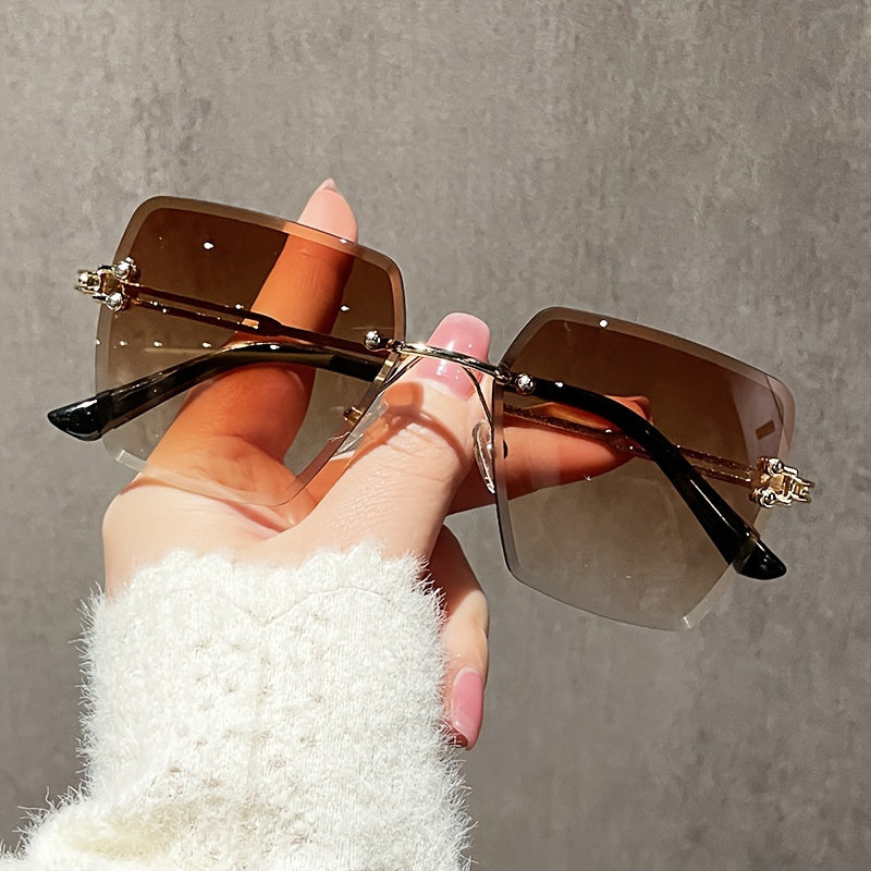 Y2K Rimless Women’s Fashion Glasses with Gradient Lenses, Retro Metal Frame, Large Polygonal Design, Stylish Travel & Fashion Accessories, Casual Eyewear for Everyday Glamour