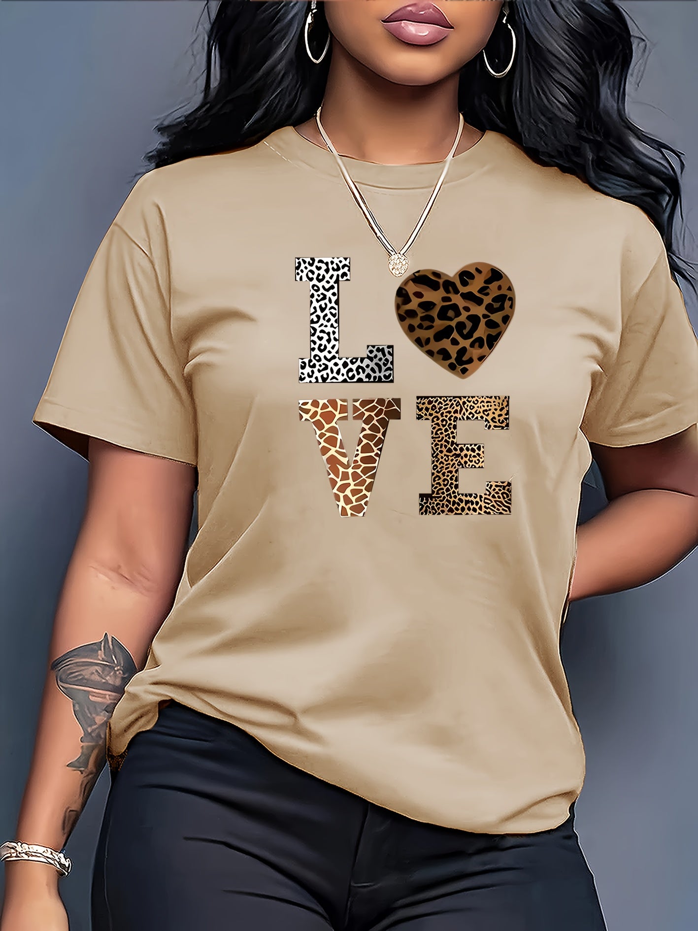 Stylish White 'LOVE' Leopard Heart Print Tee - Casual Round Neck Short Sleeve, 100% Polyester, Machine Washable - Perfect for All Seasons, Casual Wear Tee|Leopard Heart Design|Stretchable Material