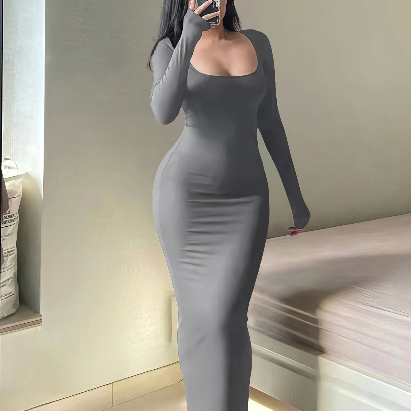 [Sexy Autumn Dress] Ultra-Long Women's Autumn Dress - Form-Fitting, A-Line Silhouette, Long Sleeves, Square Neckline, And a Sexy, Tailored Fit