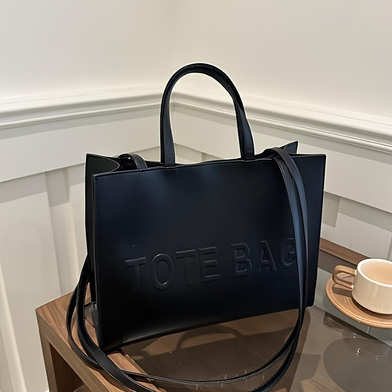 Stylish Black Tote Bag with "TOTE BAG" Embossed Design – Large Capacity Shoulder Handbag for Women, Perfect for Commuting and Casual Outings, Snap Button Closure