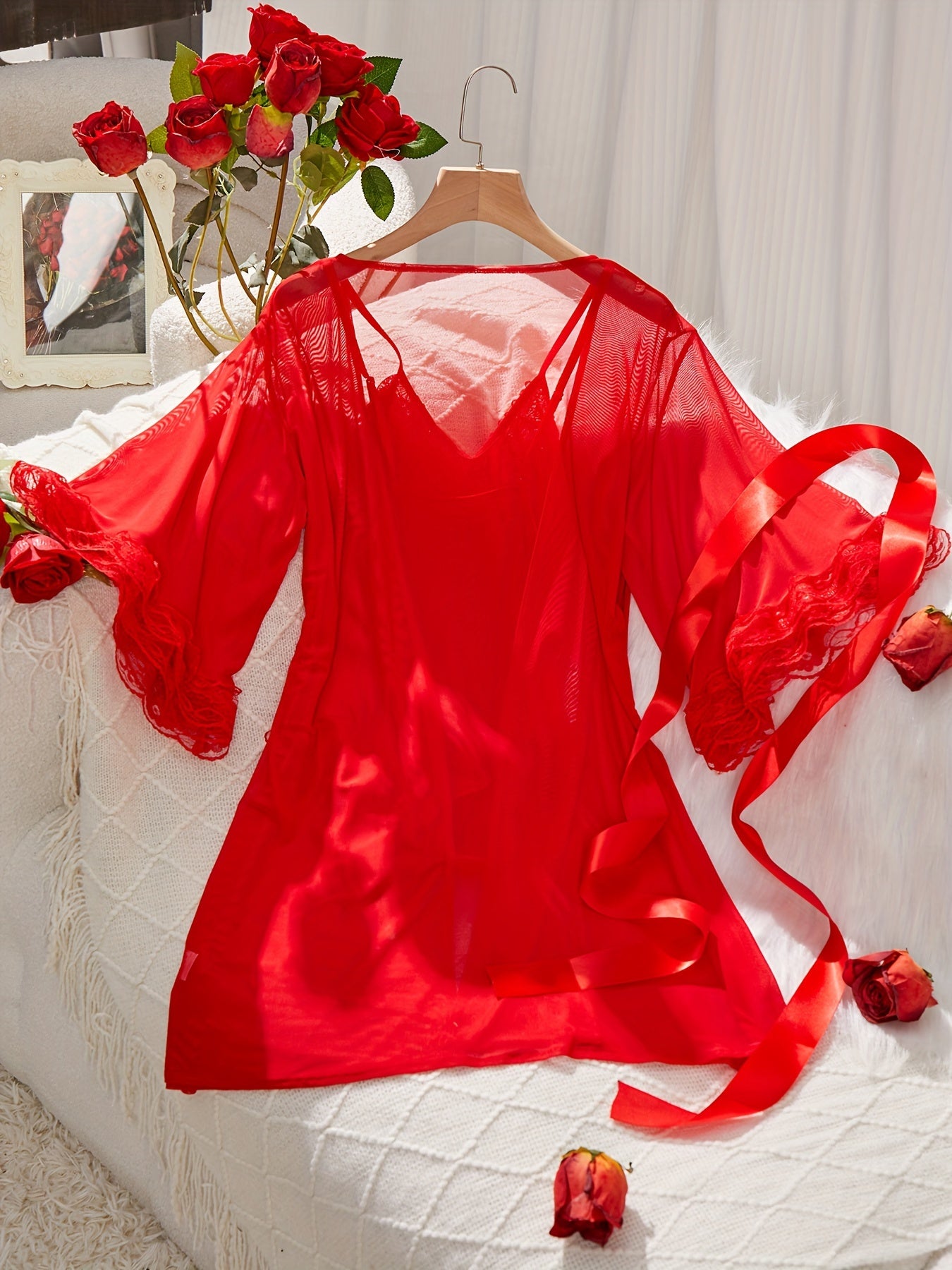 Solid Contrast Lace Lingerie Set, V Neck Bodysuit & Robe, Women's Sexy Lingerie & Underwear