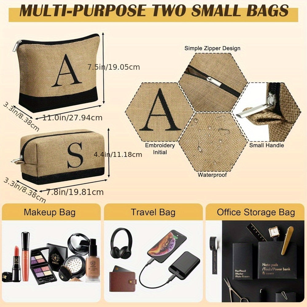 Initial Jute Tote Bag & 2 Makeup Bags - Best Birthday Gifts for Her, Women Friends