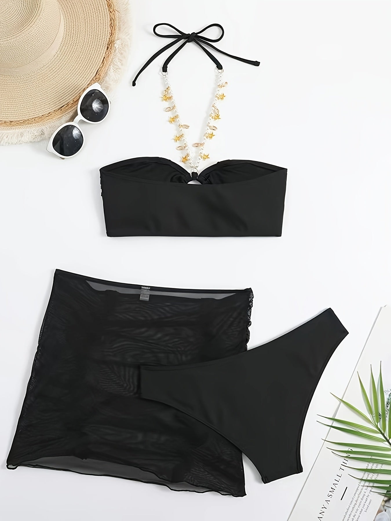 Sexy Chain Strapless Top with Pleats and Ruffles Three-piece Swimsuit Bikini