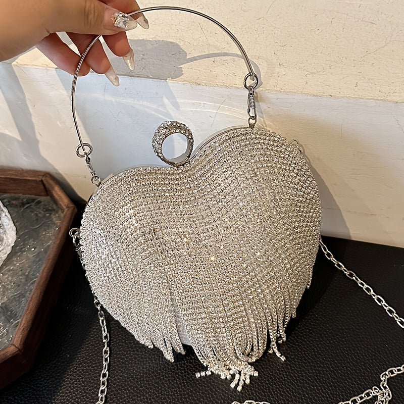 Elegant Heart-Shaped Rhinestone Evening Clutch with Tassel, Lightweight Acrylic Party Handbag with Removable Strap, Buckle Closure, Rayon Lined, No Pattern Design for Valentine'S Day
