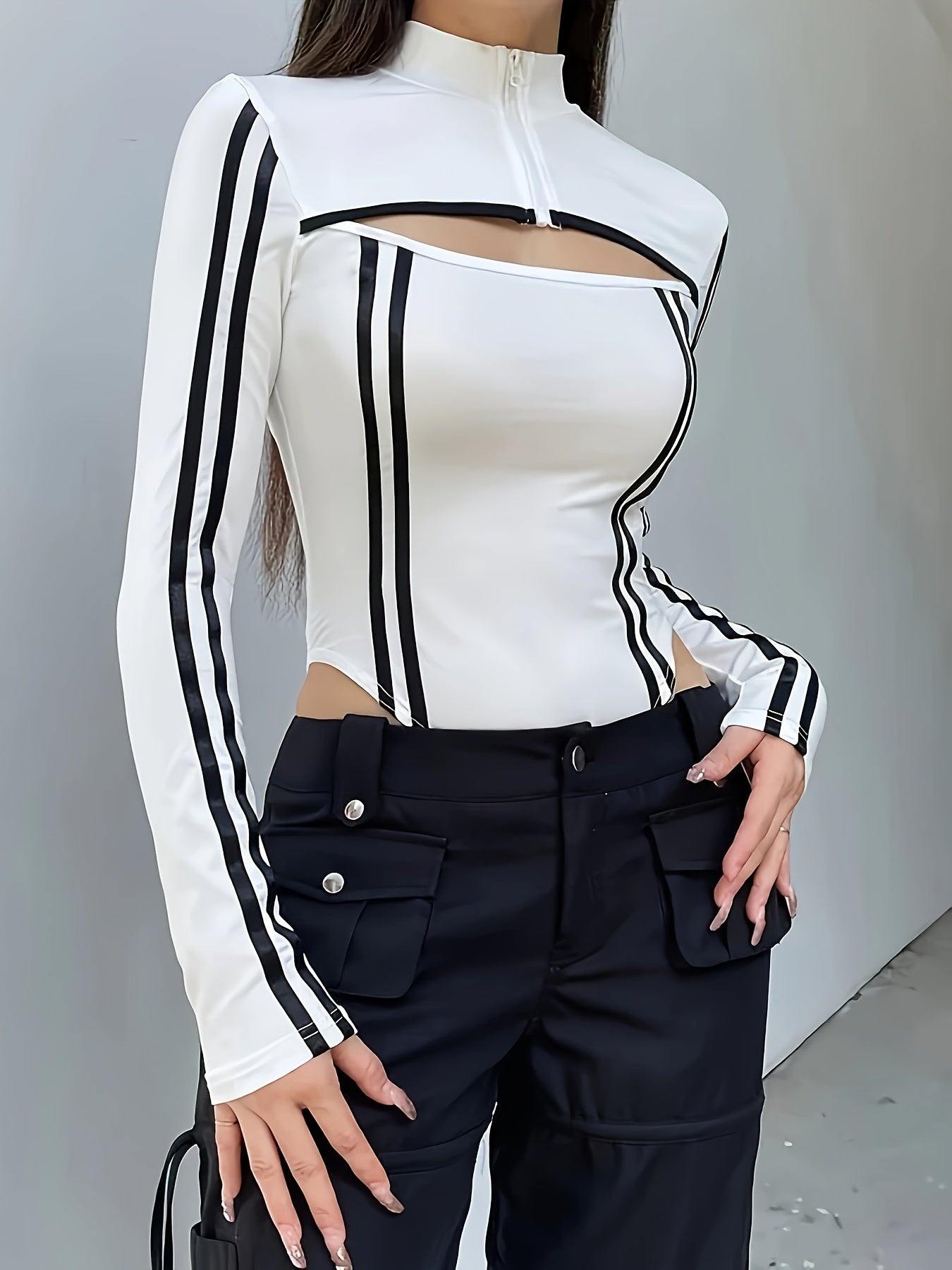 Women'S Long Sleeve Bodycon Top - White with Black Stripes, High Neck, Stand Collar, Zipper Detail, Skinny Fit, Perfect for Casual & Formal Occasions, Versatile Clothing | Stylish Long Sleeve Top | Knit Construction, Long Sle