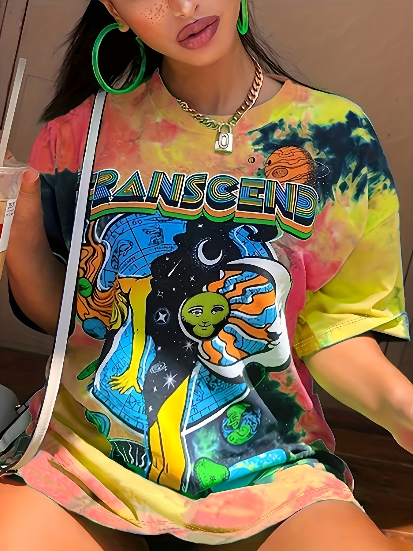 Figure & Sun Print Tie Dye T-Shirt, Casual Short Sleeve T-Shirt For Spring & Summer, Women's Clothing