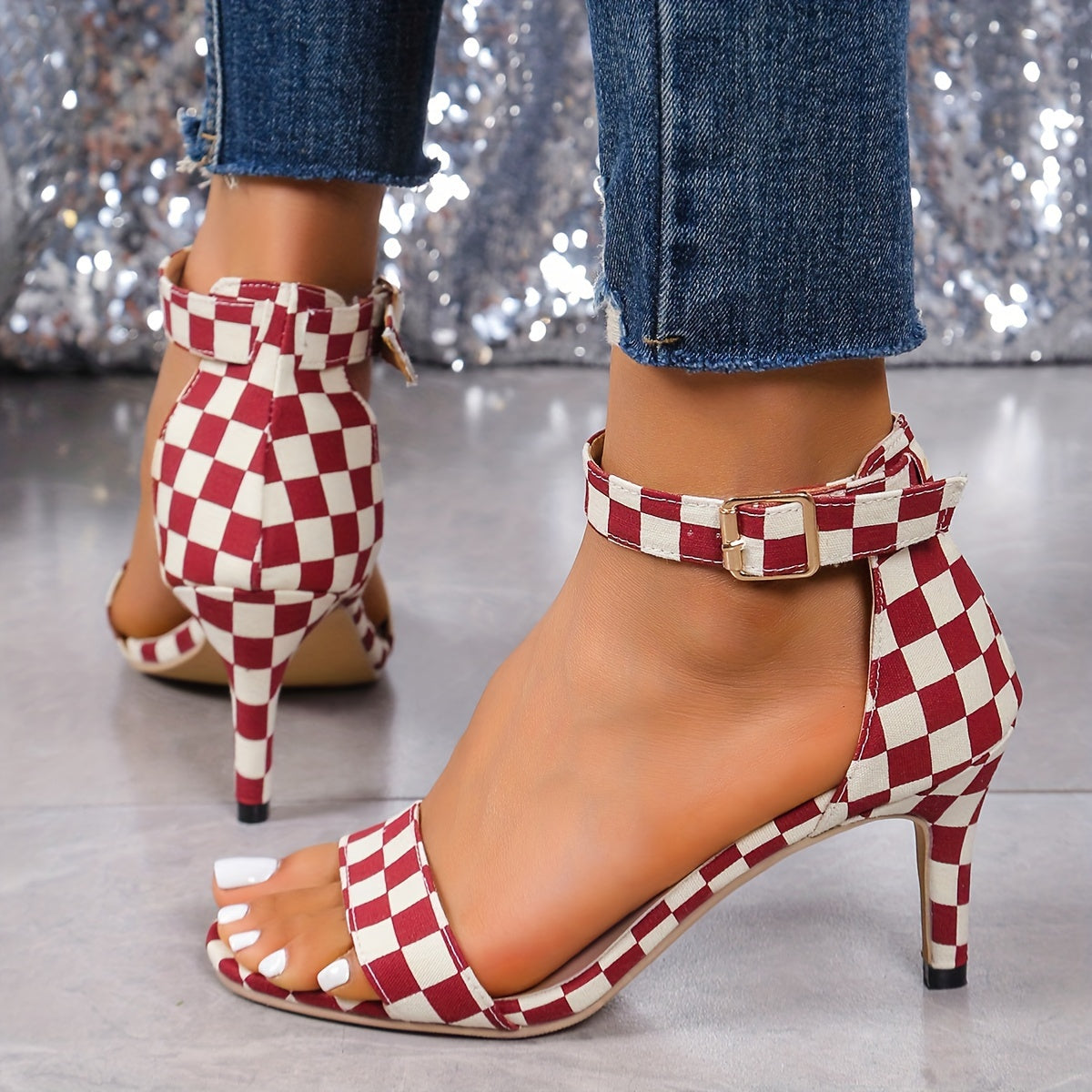 Women's Plaid Pattern Stiletto Heeled Sandals, Trendy Open Toe Buckle Strap Heels, Fashion Dress Pumps
