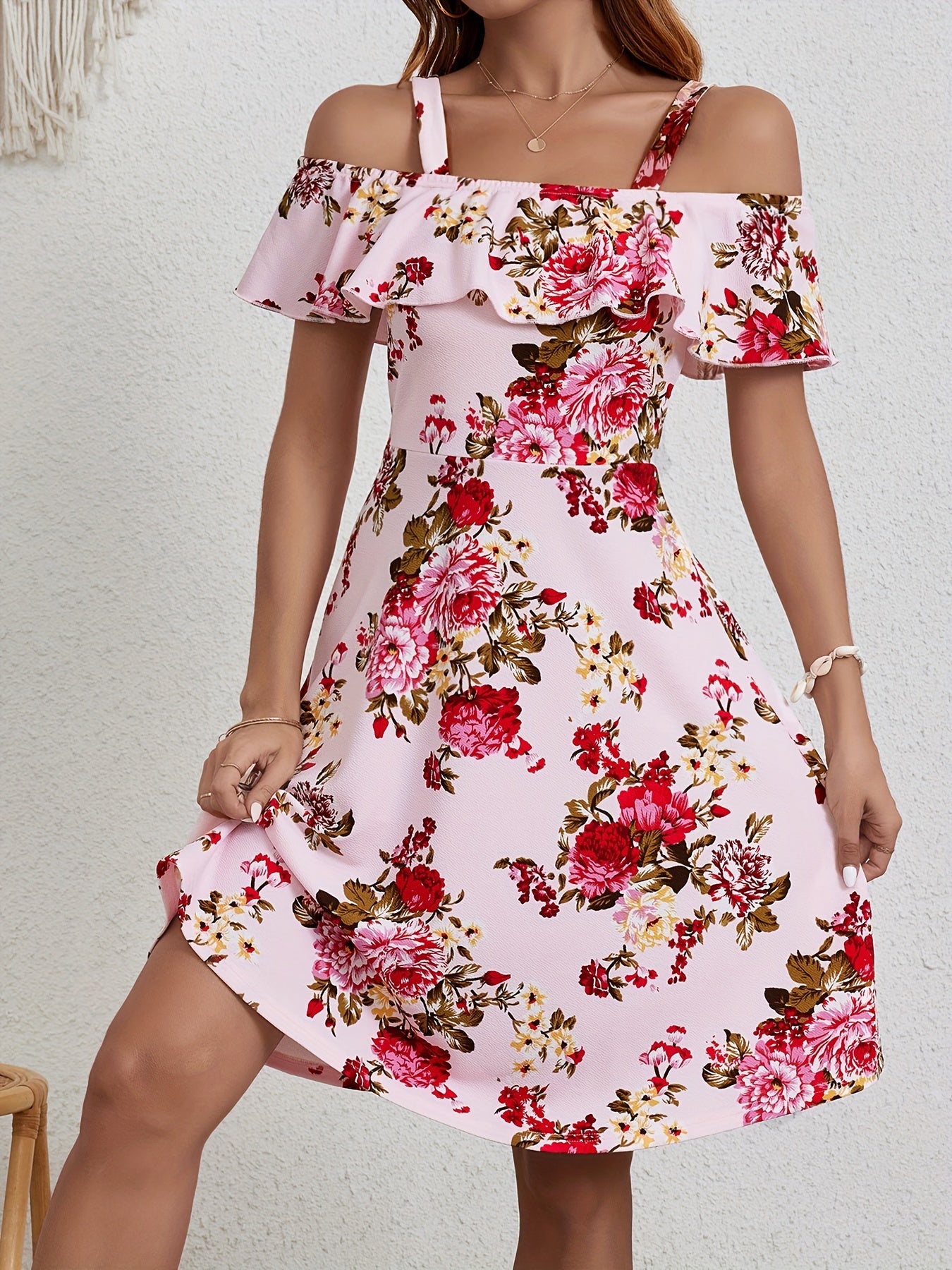 Elegant Floral Print Dress for Women with Ruffle Detail - Off-Shoulder, A-Line, Mid-Stretch Polyester & Spandex Blend, Machine Washable - Perfect for Summer