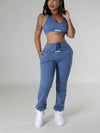 Chic Women's Halter Neck Backless Crop Top & High-Waist Jogger Set - Stretchy Polyester/Spandex Blend, Machine Washable, Casual Solid Color, Perfect for Fall/Winter
