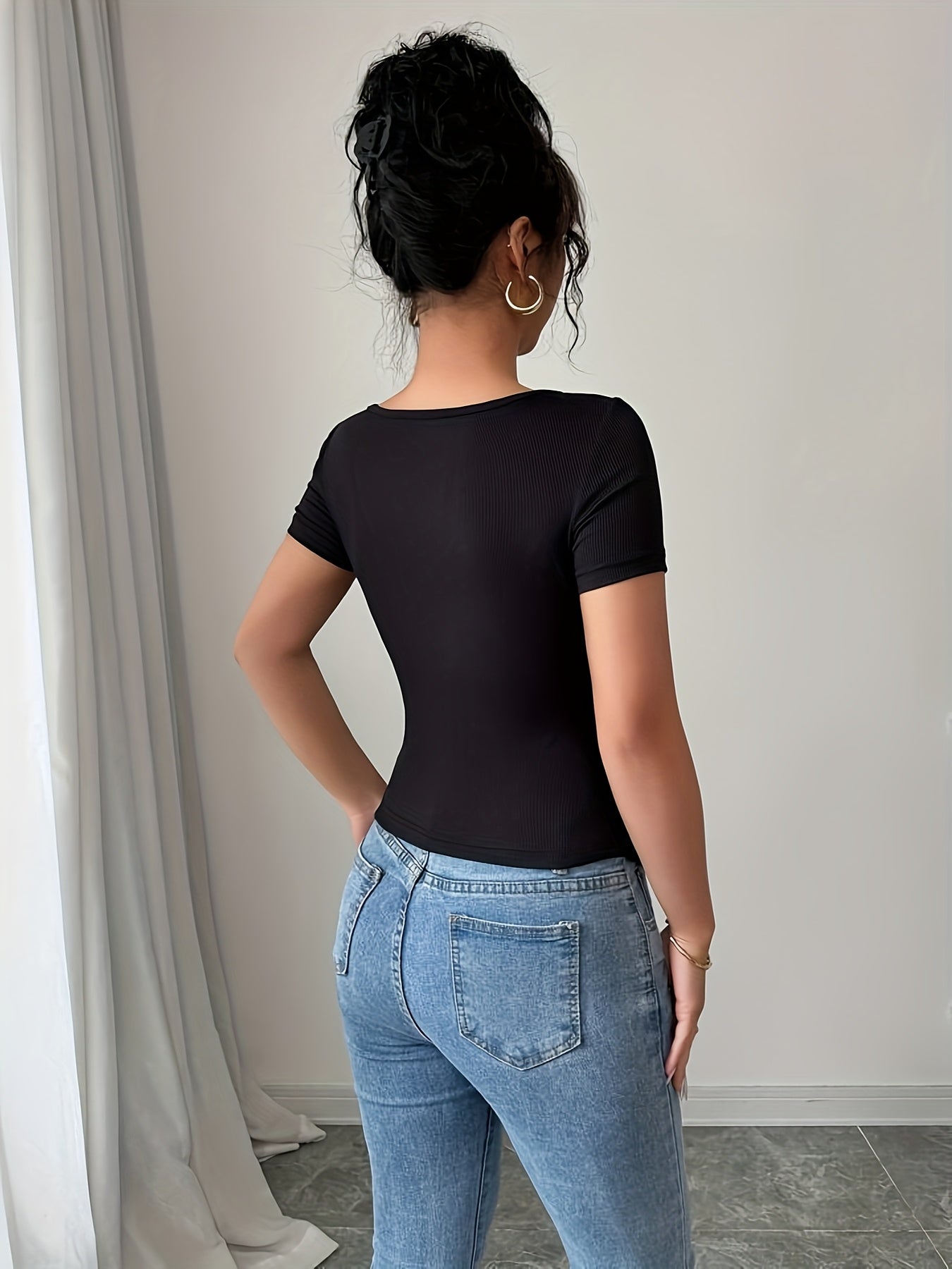 Women's Elegant 3D Floral Applique Knit Top - 100% Polyester, Medium Stretch, All-Season Versatile Black Shirt for Casual & Formal Outfits, Floral Print Blouse