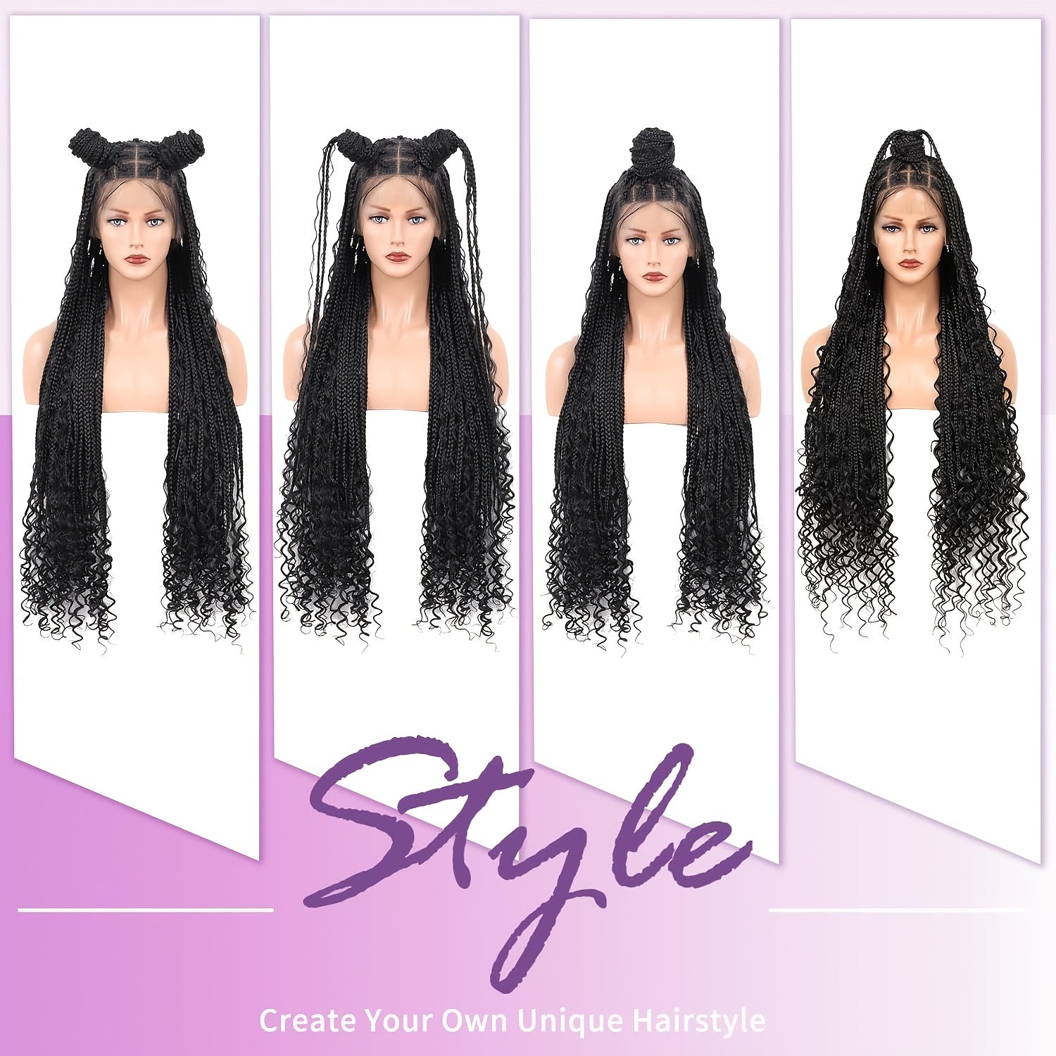 36" Unisex-Adult Full Double Lace Front Braided Wig, Boho Knotless Style, Blended Box Braids with Curly Ends, High Temperature Fiber, Elegant Natural Black Lace Wig