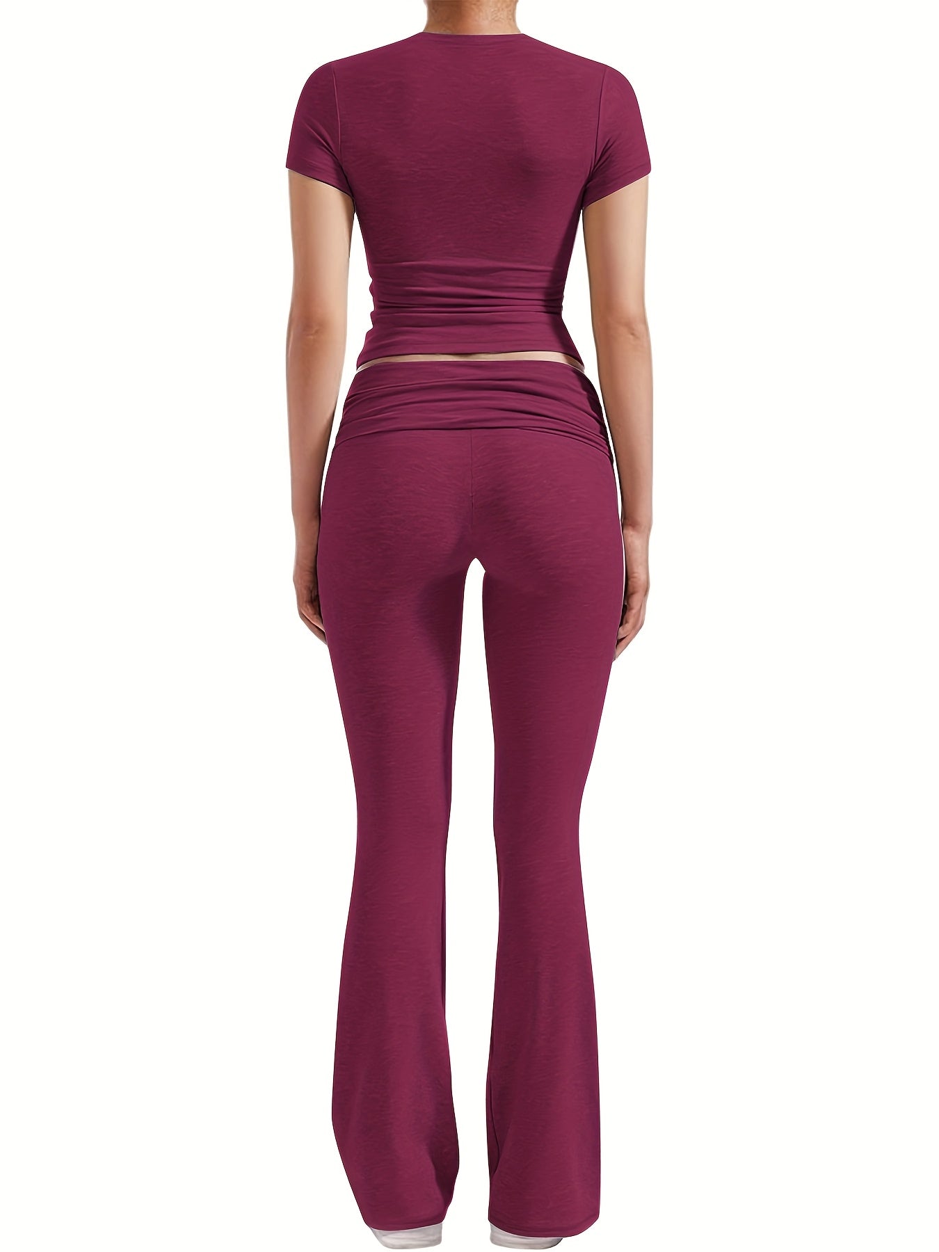 Women's Casual Slim Fit Two-Piece Pants Set – Short Sleeve Crew Neck T-Shirt & High Stretch Flared Leg Sport Pants Outfit