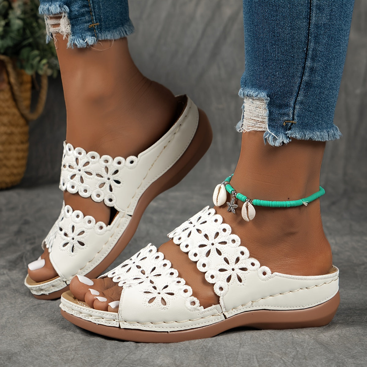 Women's Brown Synthetic Leather Slide Sandals - Open Toe, Floral Cut-Out Design, Soft TPU Sole, Comfortable Summer Footwear for Casual Wear, Stylish Outdoor Wear | Floral Cutout Sandals | Comfortable TPU Sole, Strappy Sandals