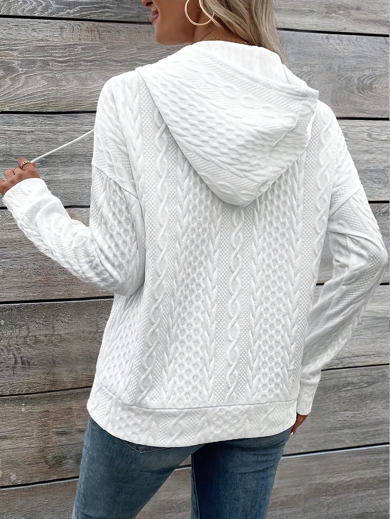 Women's Elegant Pullover Hoodie, Polyester Knit with Cable Pattern, Regular Length, Button Detail, Casual Sweatshirt for Fall/Winter Season