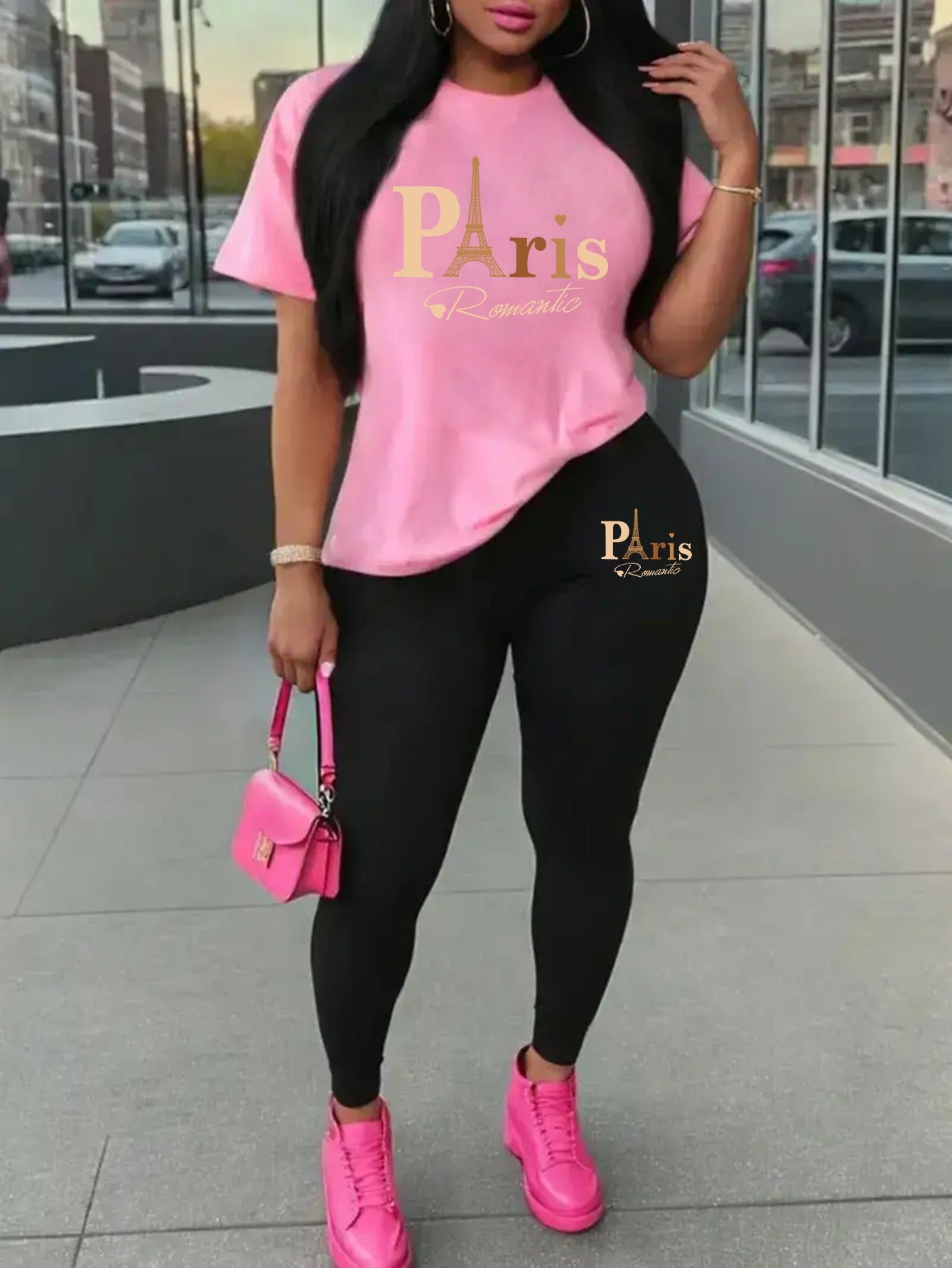 Eiffel Tower Paris-Inspired Women's Casual Outfit - Comfy Short Sleeve Tee & Stylish Pants Set, Machine Washable