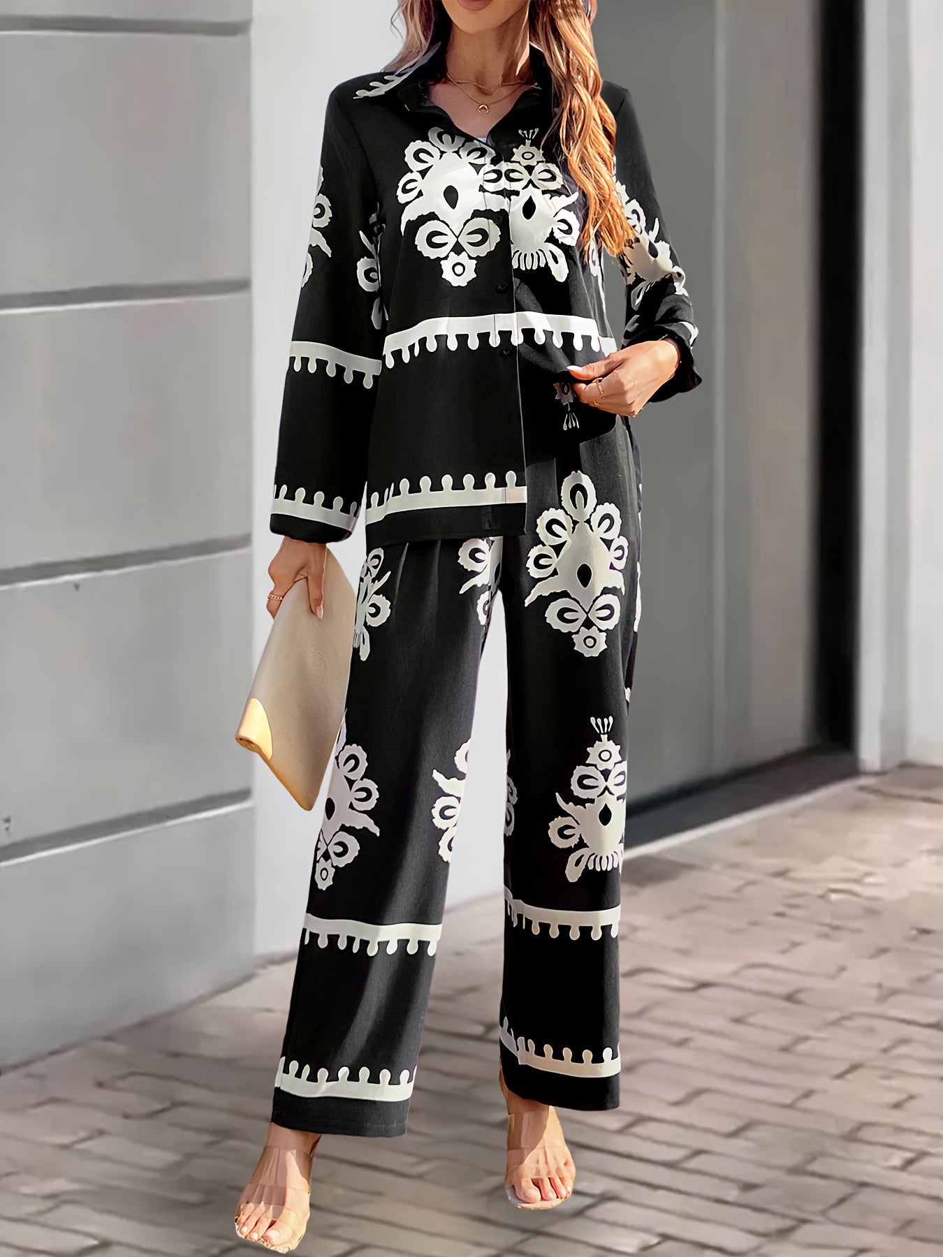 2pcs Elegant Special Set for Women with Random Print Front Button Long Sleeve Top and Pants Casual Suit