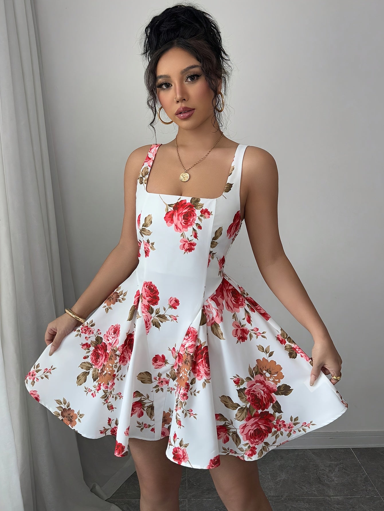 Elegant Floral Print Sleeveless A-Line Dress for Women - Lightweight Polyester Summer Dress with Square Neckline, Machine Washable, Perfect for Spring and Summer Outings, Spring Summer Dress | Summer Elegance Wear | Glossy Te