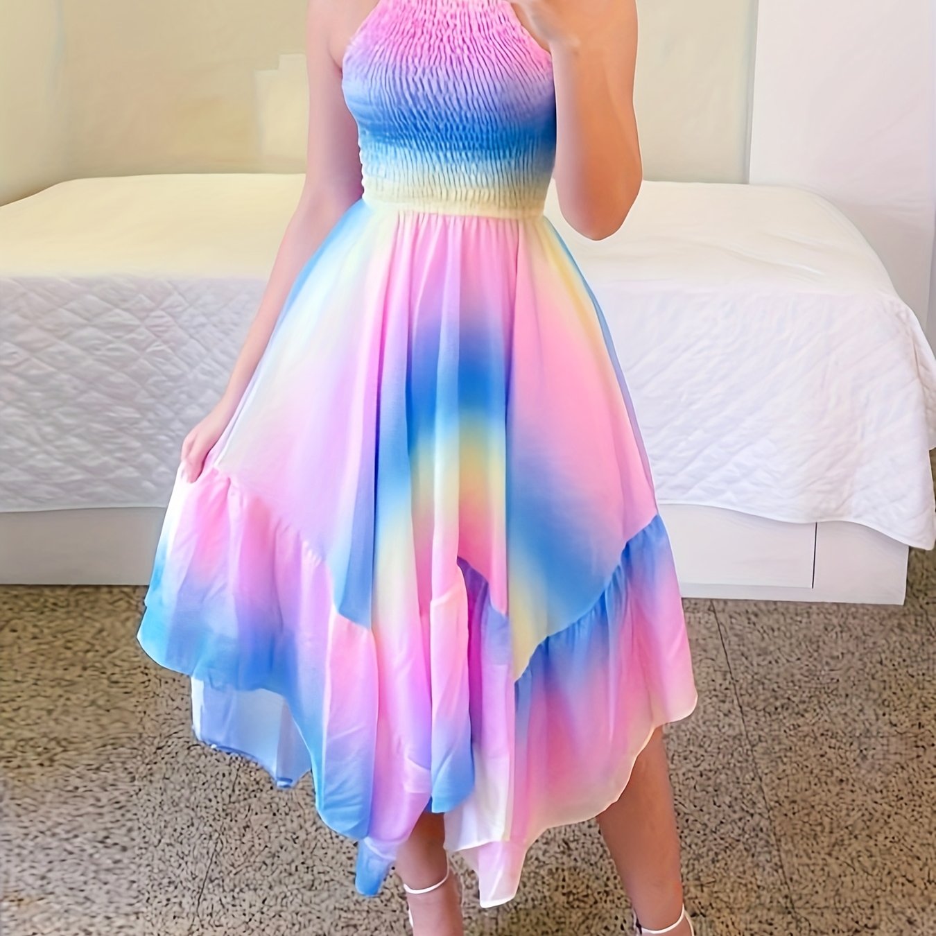 Elegant Gradient Color Women's Dress - Sleeveless Halter Neck with Ruffled Hem, Lightweight Polyester for Spring/Summer, Pastel Pink to Blue Ombre Design, Formal Summer Dress | Flared Skirt | Polyester Fabric