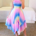 Elegant Gradient Color Women's Dress - Sleeveless Halter Neck with Ruffled Hem, Lightweight Polyester for Spring/Summer, Pastel Pink to Blue Ombre Design, Formal Summer Dress | Flared Skirt | Polyester Fabric