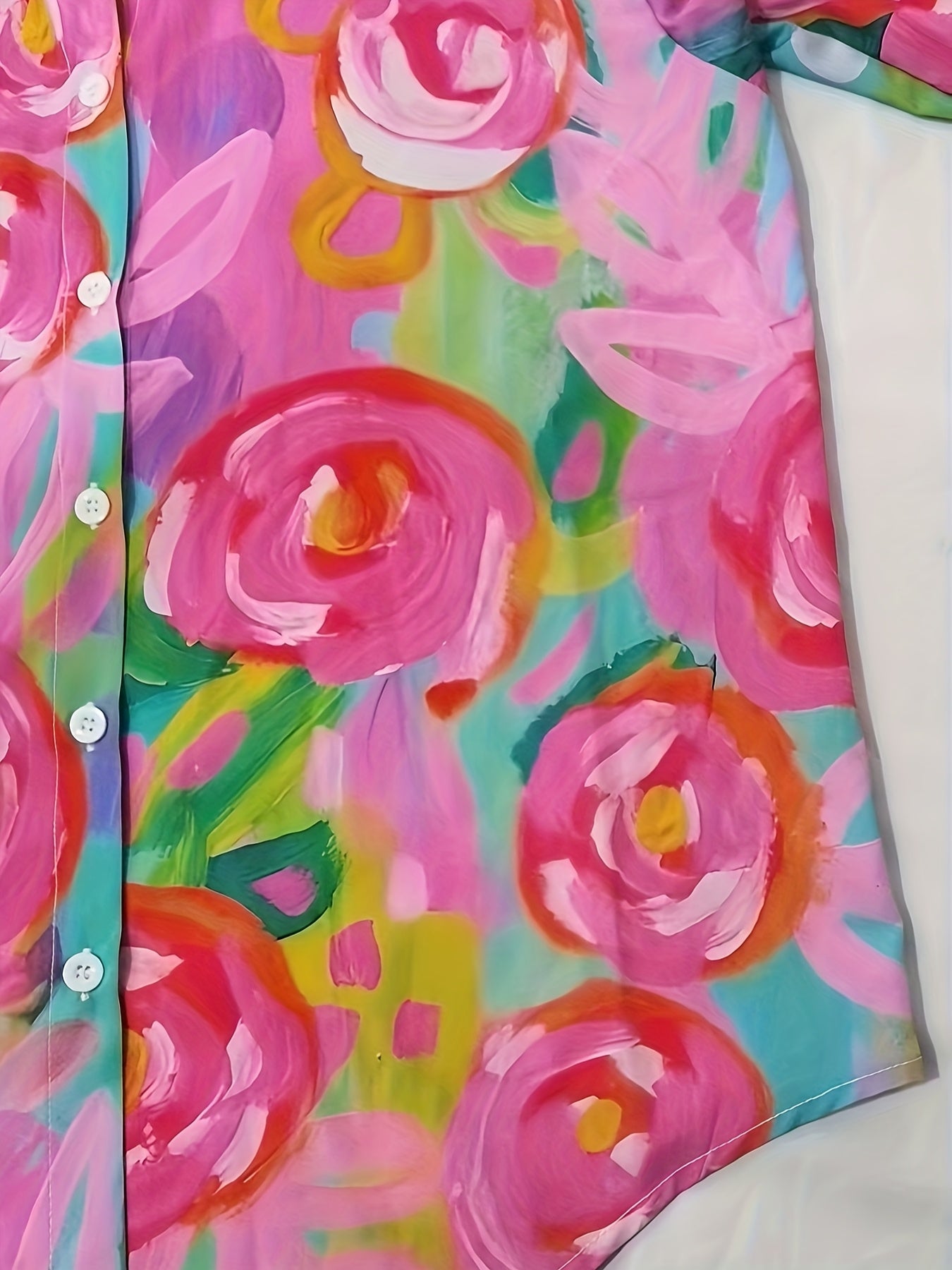 Vibrant Floral Print Women's Button-Up Shirt - Long Sleeve, Collared, Lightweight Spring/Summer Blouse in Pink, Blue, Yellow & Green, Ladies Blouses