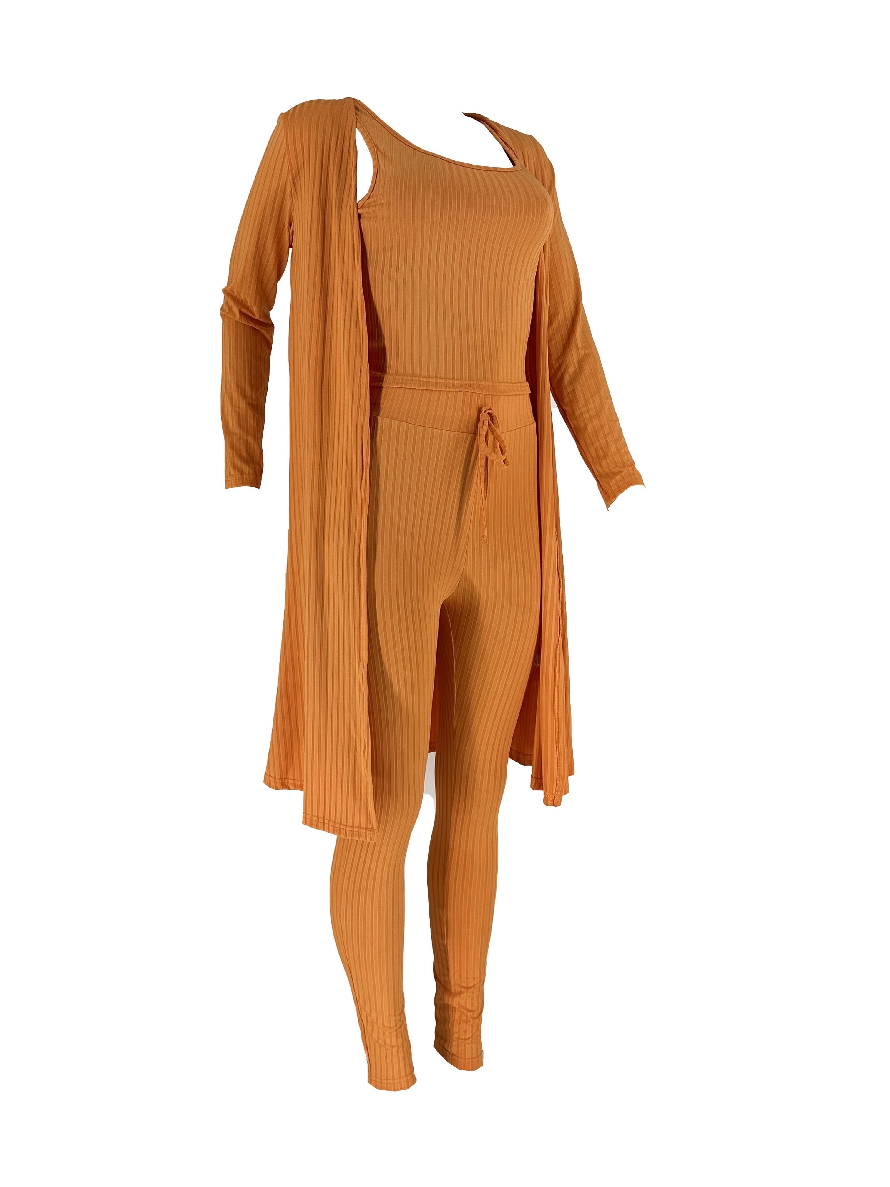 Three-piece Set of Ribbed Solid Casual Outfits, Open Front Long Sleeve Cardigan & Tank Top & Lace Up Pants, Women's Clothing