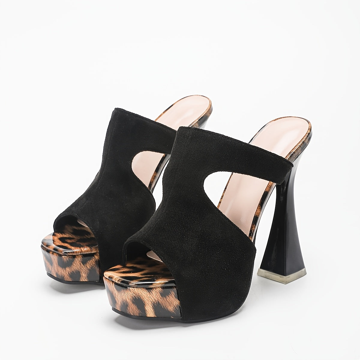 2025 Summer New Stylish Streetwear Eye-Catching Black Suede Patchwork Leopard Print High-Heeled Sandals