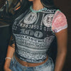 Allover Print Crew Neck T-Shirt, Y2K Short Sleeve Crop T-Shirt For Spring & Summer, Women's Clothing