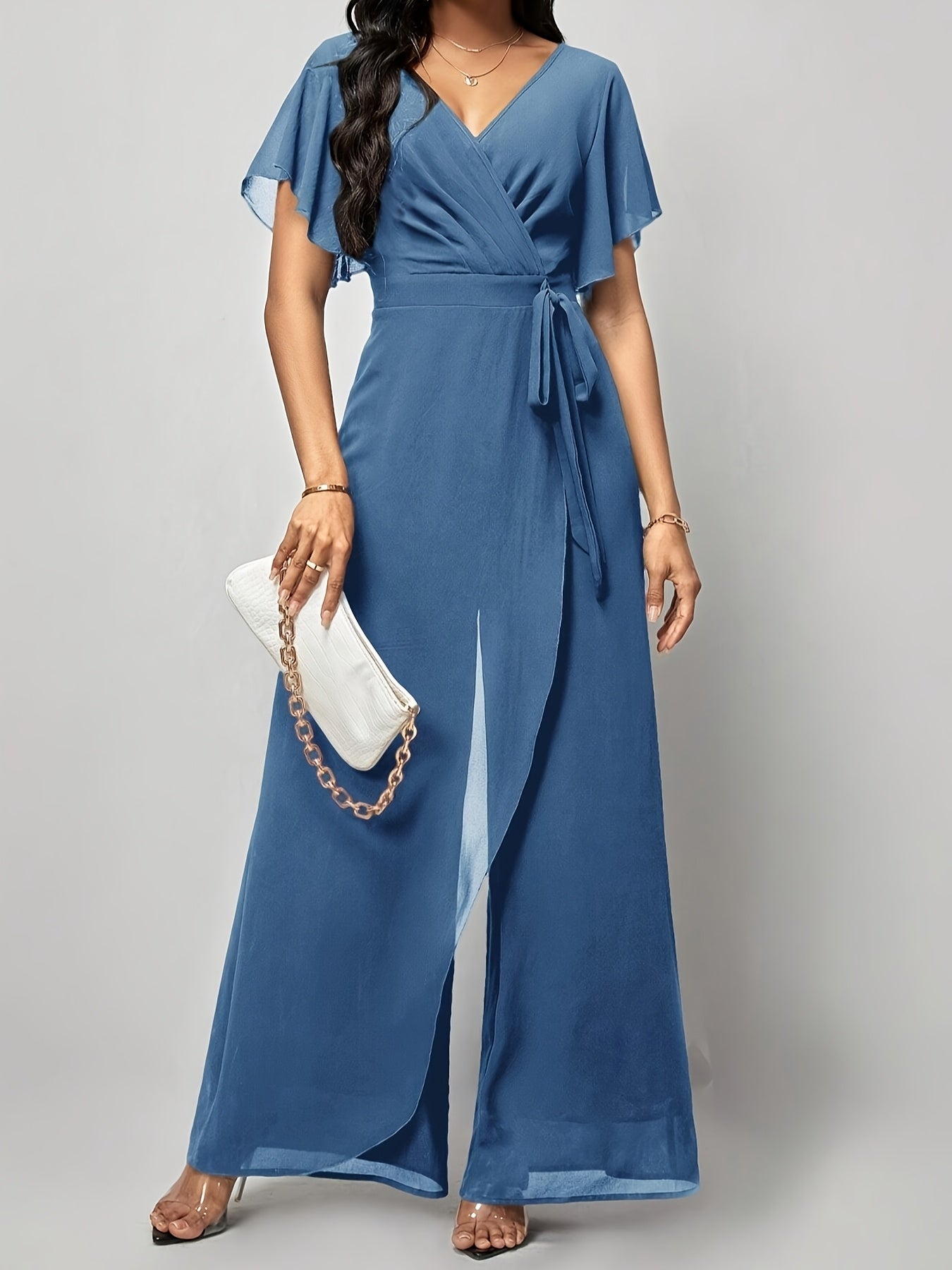 Elegant Green V-Neck Jumpsuit for Women - Solid Color, Wide Leg with Ruffle Sleeves & Tie Waist, Lightweight Polyester, Machine Washable - Perfect for Spring & Summer