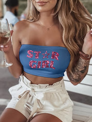 Y2K Star Sequin Tube Top - Stretchy Polyester & Spandex Blend, Glittery "STAR " Print with Star Design, Sleeveless Crop Top for Women, Perfect for Summer Parties & Casual Outfits, Casual Wear | Y2K Style Top | Knit Sequin Det