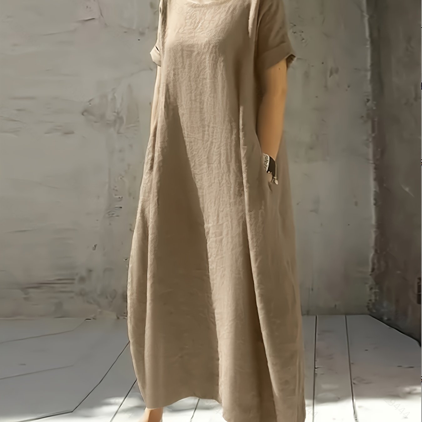 Women's New Summer Round Neck Short Sleeve Loose Dress with Pocket, Elegant and Pure Color Mid-Long Casual Skirt
