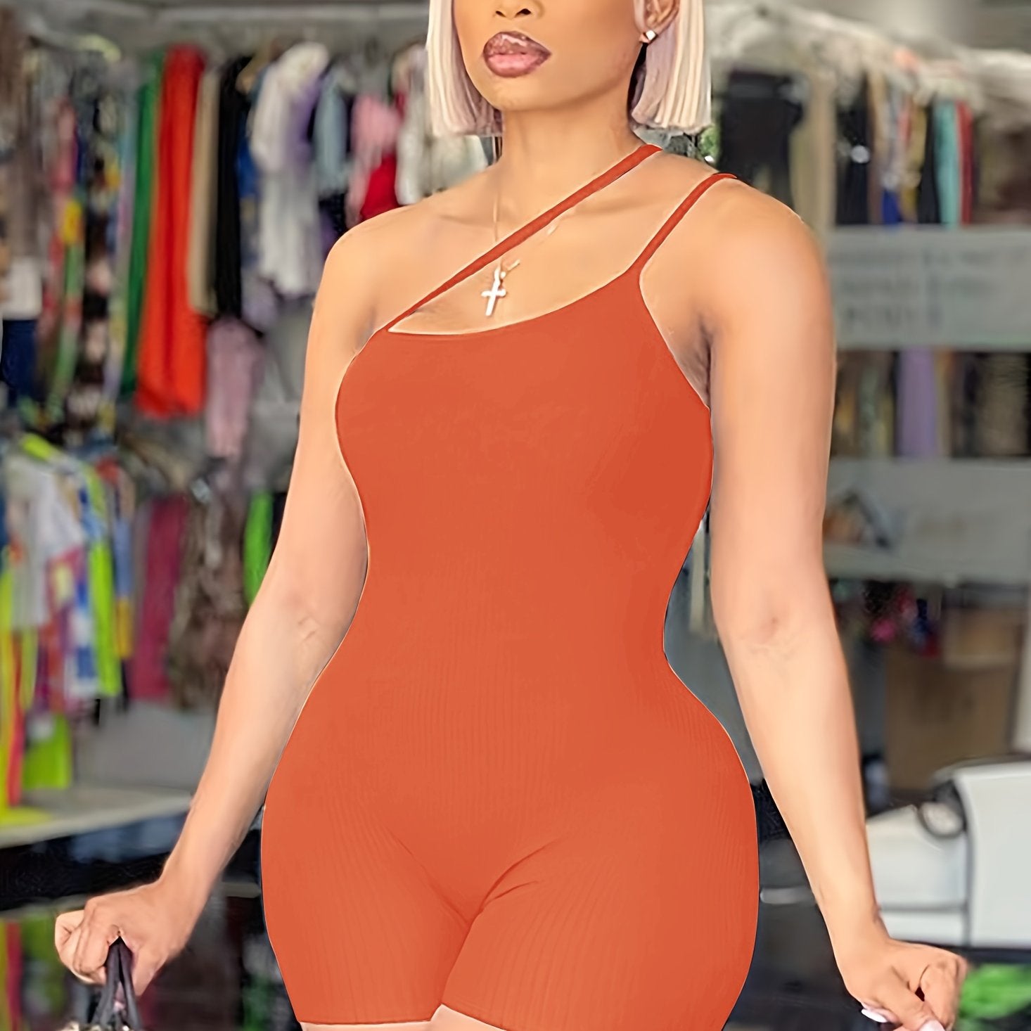Solid One Shoulder Slim Romper Jumpsuit - Sexy Sleeveless Design - For Women - Perfect for Parties & Night Out - Stylish Gift for Fashionable Ladies