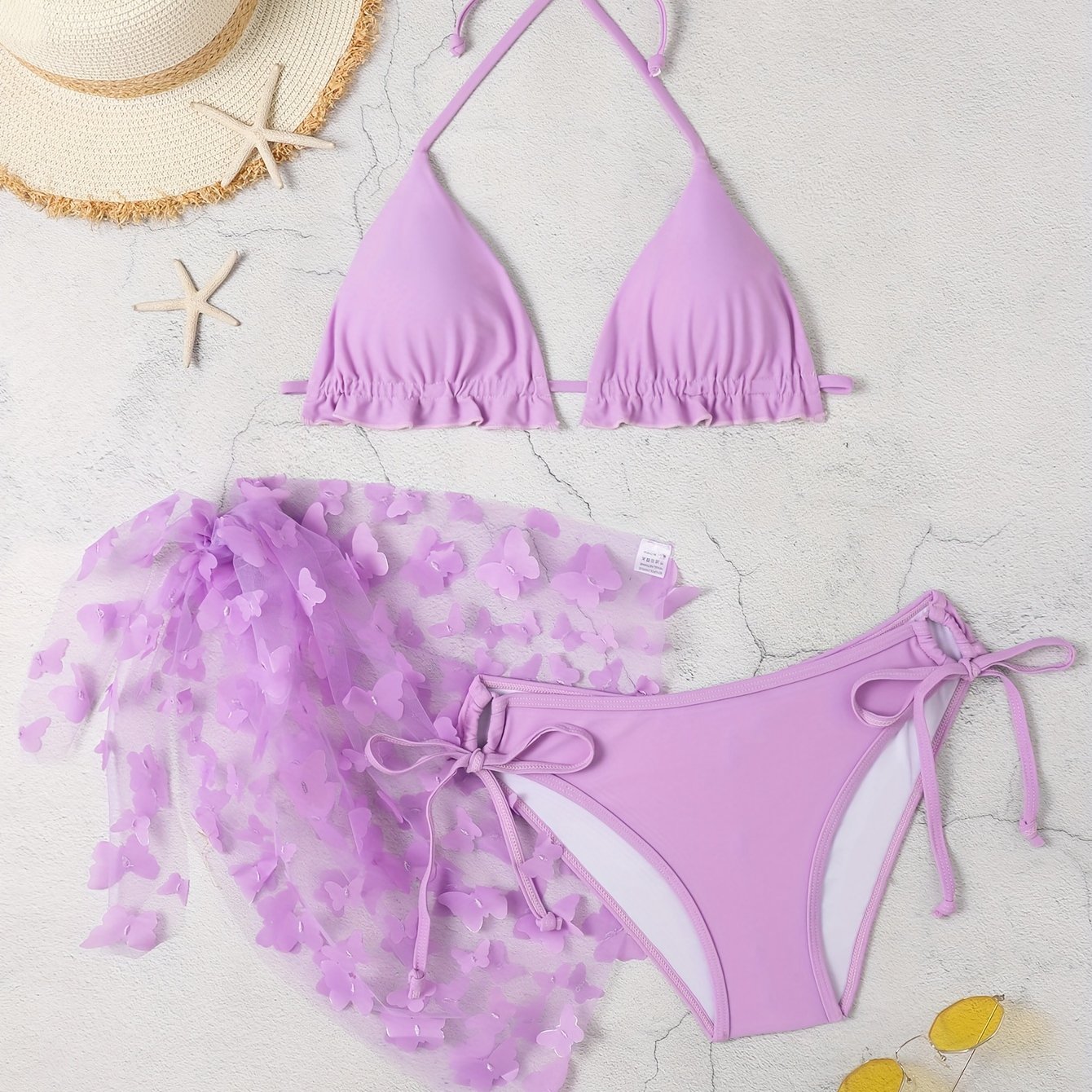 Solid Color Butterfly Applique 3 Piece Set Swimsuits, Triangle Halter Tie Strap Lettuce Trim Bikini, Women's Swimwear & Clothing