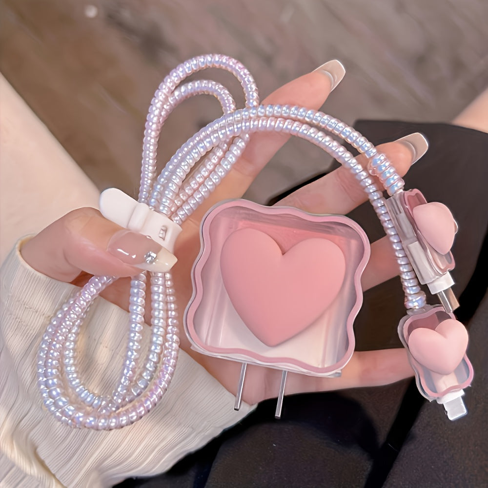 5-Pack Pink Heart-Shaped TPU Charger Protector with Cable Wrap, Compatible with iPhone 18W/20W Fast Charging, Soft Protective Case Accessory Without Battery