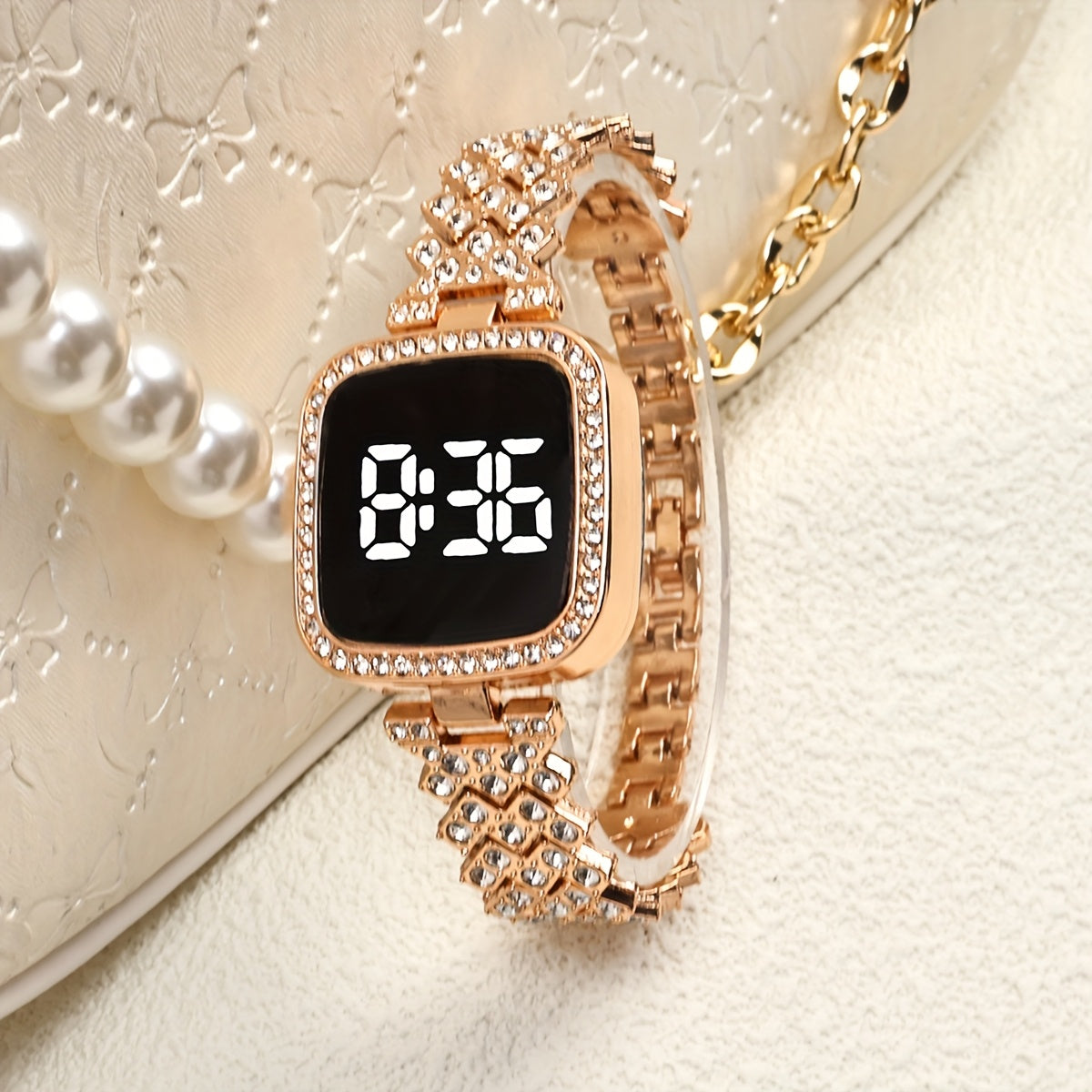 1pc Elegant Square LED Chronograph Watch with Sparkling Rhinestones - Stainless Steel Band, Digital Display, Non-Rechargeable Battery, Perfect for Daily Decor, Everyday Accessory|Elegant Watch Design|Durable Watch Band, Squar