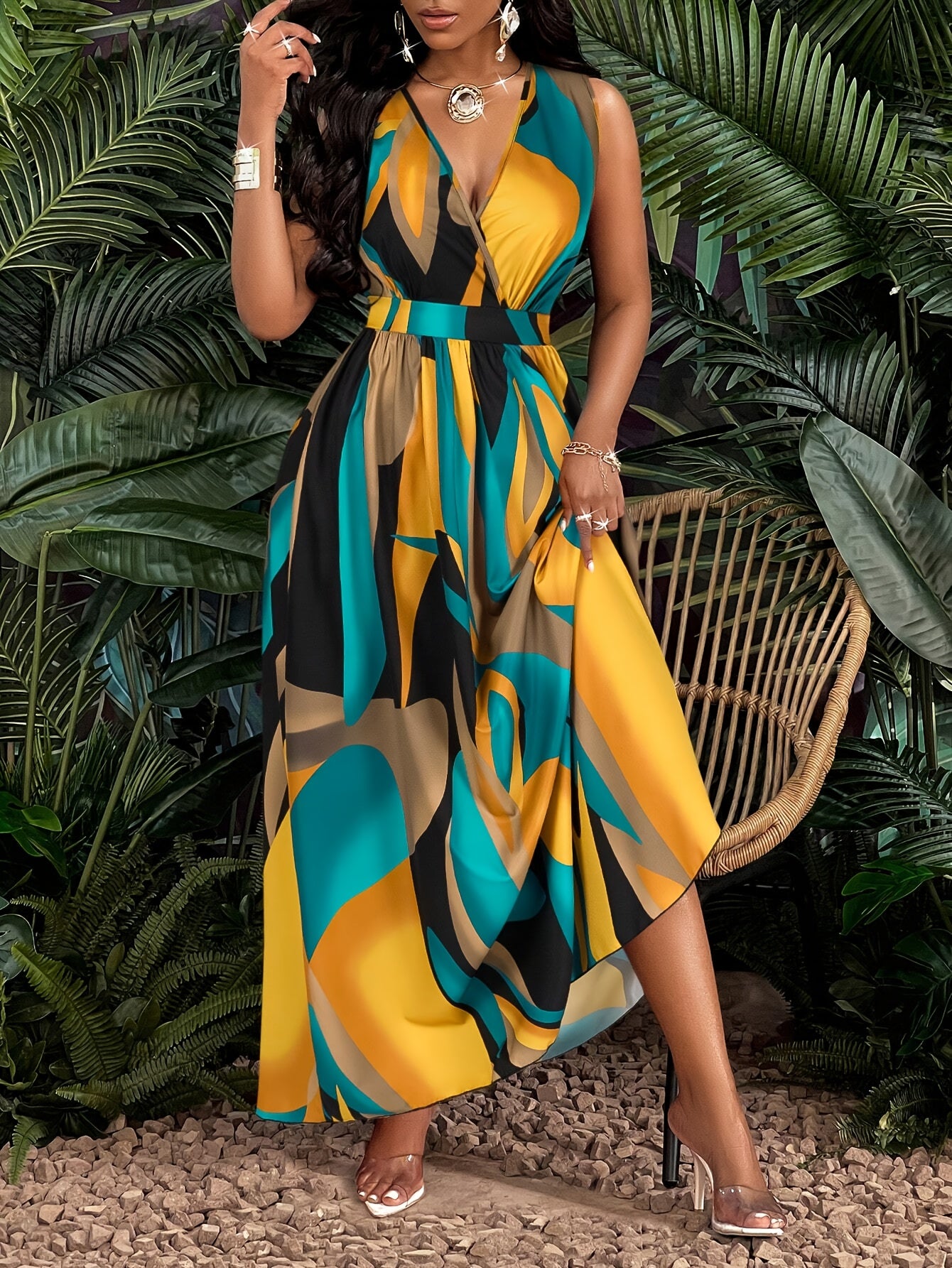 Women's Tropical Print V-Neck Flared Maxi Dress with Cinched Waist - Vibrant Red & Blue Floral Design, A-Line Silhouette, Polyester Fabric, Perfect for Vacation or Casual Outings, Vacation Wear|Flowing Skirt Style|Smooth Glos