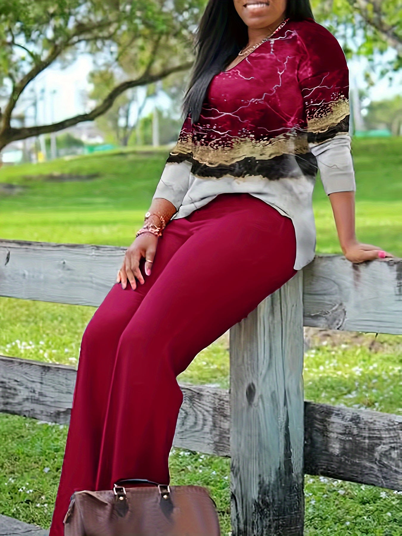 [Printed Two-piece Set] Two-piece Set - V Neck Long Sleeve Top & Wide Leg Pants Outfits - All Over Print, Women's Clothing