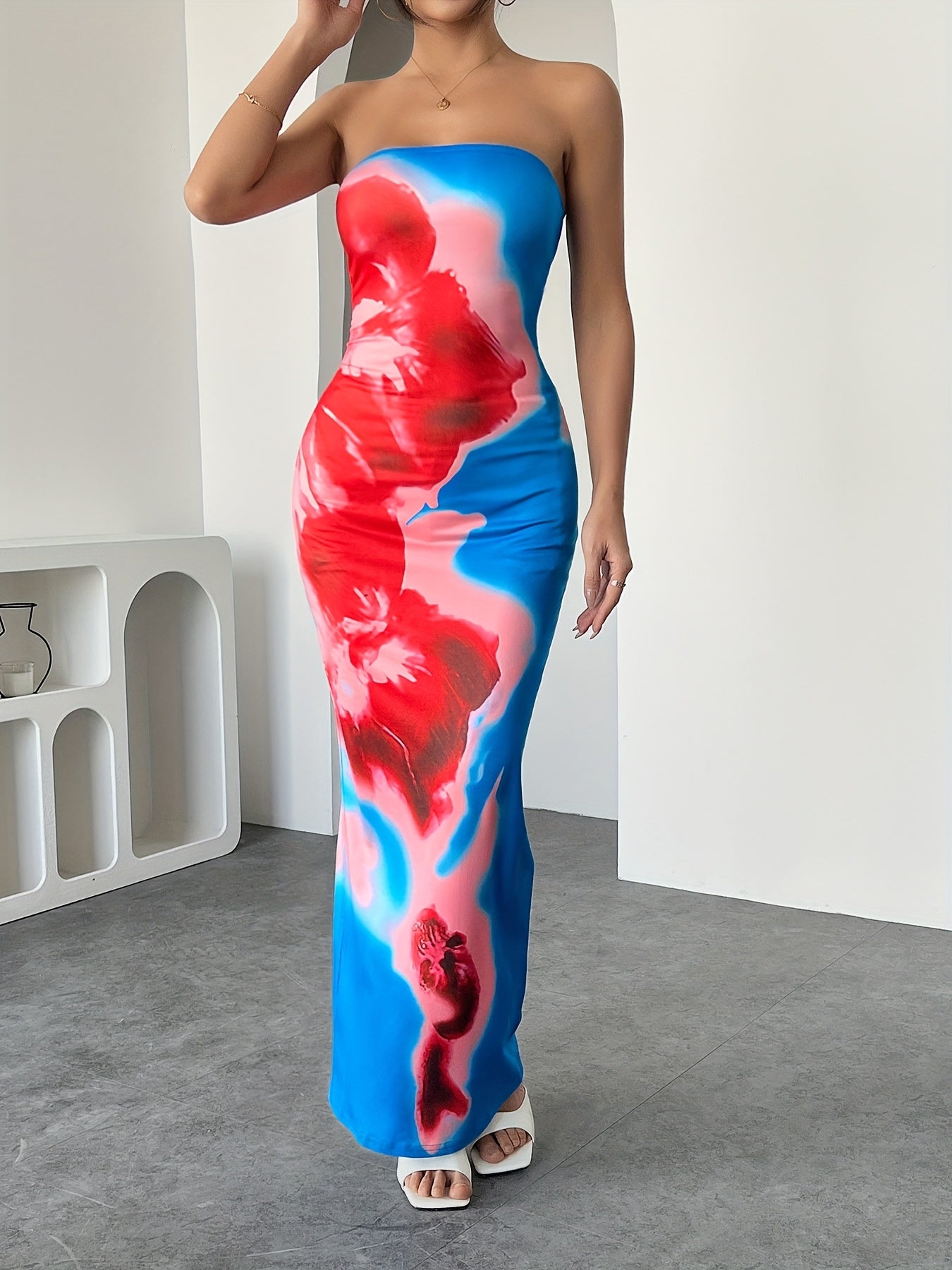 1pc Women's Romantic Floral Print Bandeau Dress, Sexy Polyester Knit Fabric with Split Detail, All-Season Strapless Maxi Dress for Adults